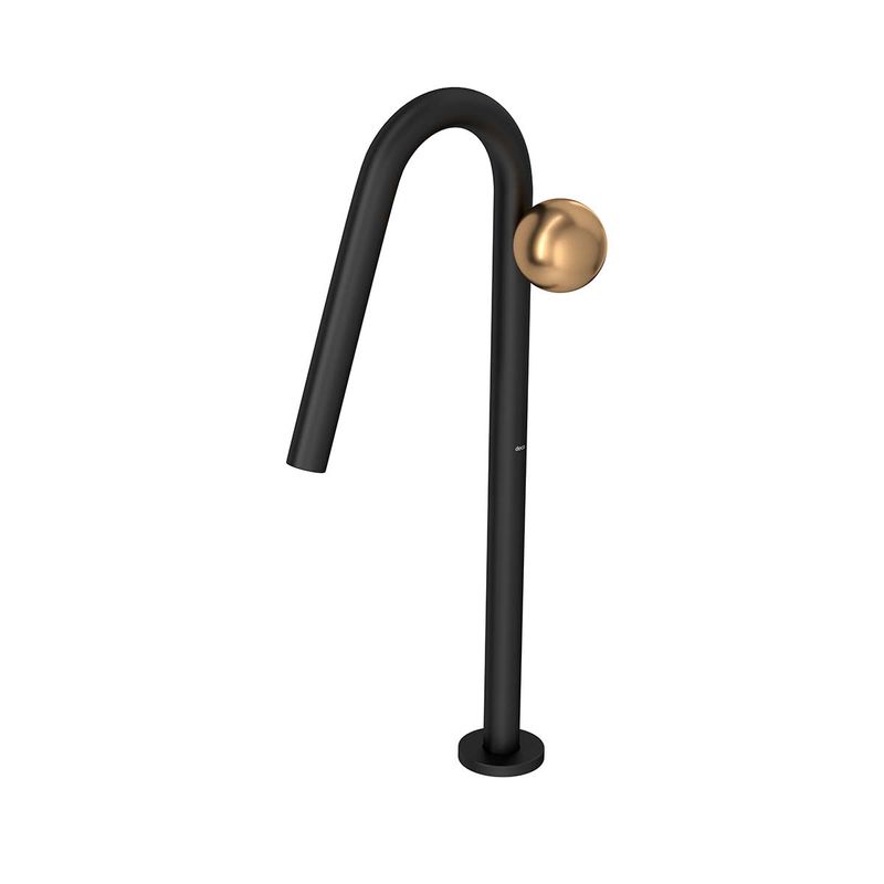 Torneira-Deca-de-Mesa-Bica-Alta-Touchless-para-Lavatorio-Orbe-Black-Matte-e-Gold-Matte---Deca---1189.BL.MT103.GLMT---Fundo-Branco-Produto-Principal-SKU-posicionada-na-diagonal-esquerda