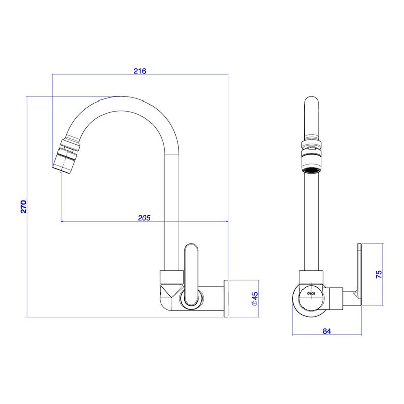 Torneira-Deca-de-Parede-para-Cozinha-FlexPlus-Cromado---Deca---1168.C21---Fundo-Branco-Medida-Imagem-do-Desenho-tecnico-de-engenharia