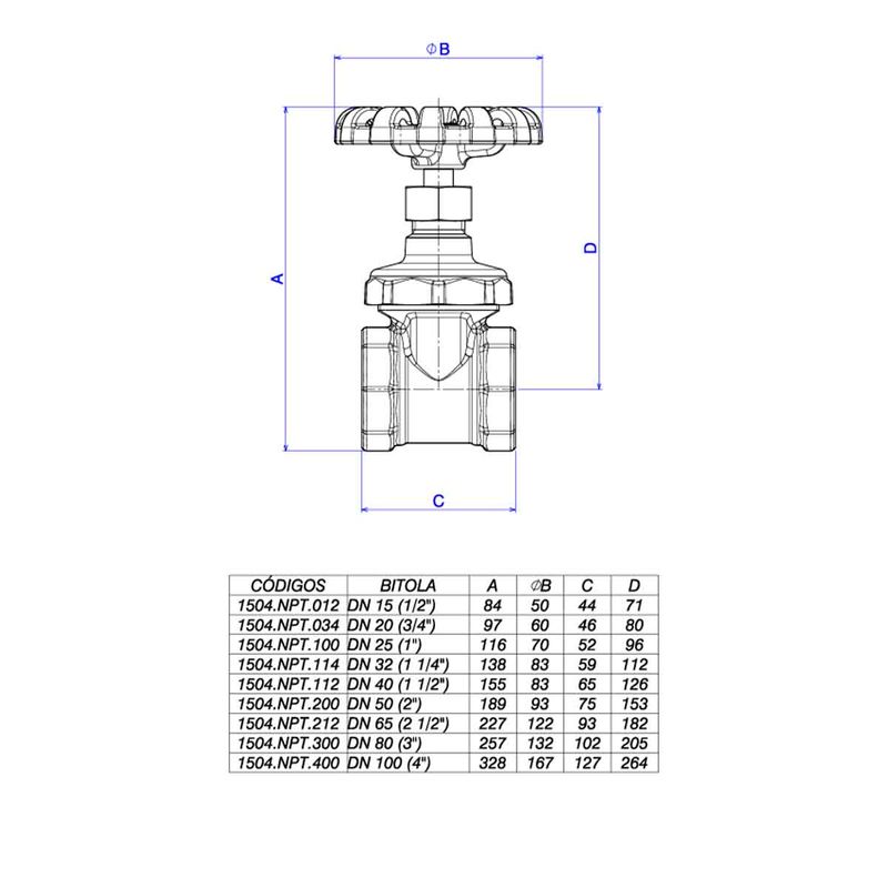 Registro-de-Gaveta-Deca-1--para-Uso-Semi-Industrial-Dn25----Deca---1504.NPT.100---Fundo-Branco-Medida-Imagem-do-Desenho-tecnico-de-engenharia