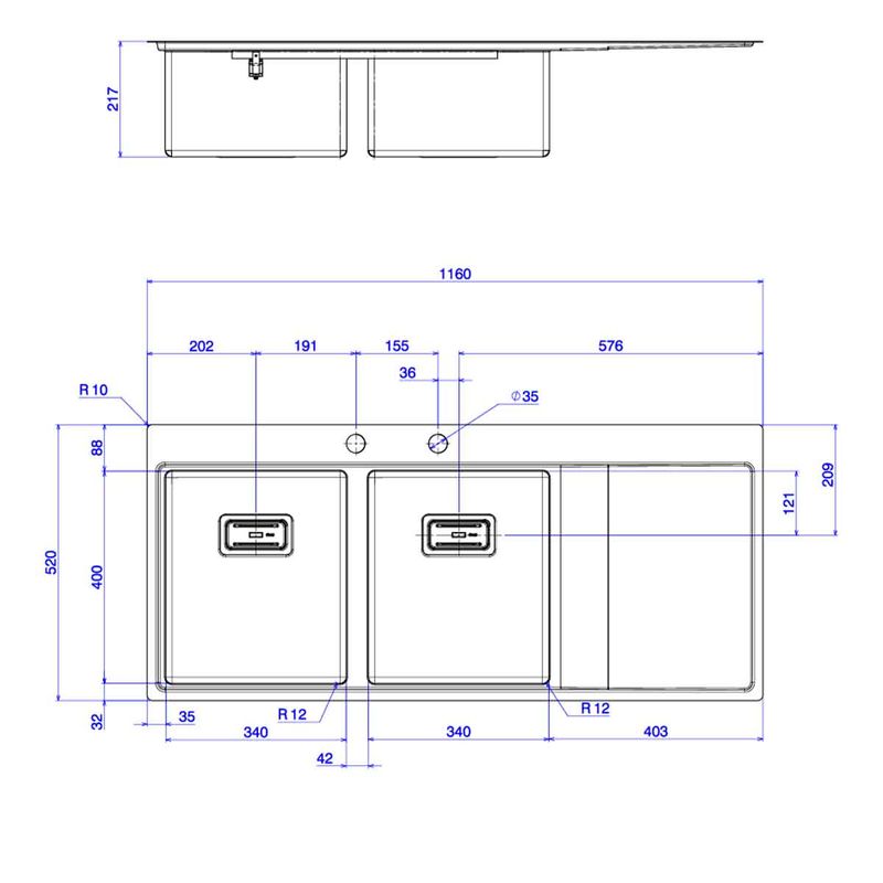 Cuba-Dupla-Deca-para-Cozinha-em-Inox116cm-Wish-Inox---Deca---CC.660.116.DUO.INX---Fundo-Branco-Medida-Imagem-do-Desenho-tecnico-de-engenharia