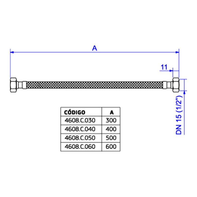 Ligacao-Flexivel-Deca-Malha-de-Aco-Femea-xFemea-40cm-Cromado---Deca---4608.C.040---Fundo-Branco-Medida-Imagem-do-Desenho-tecnico-de-engenharia